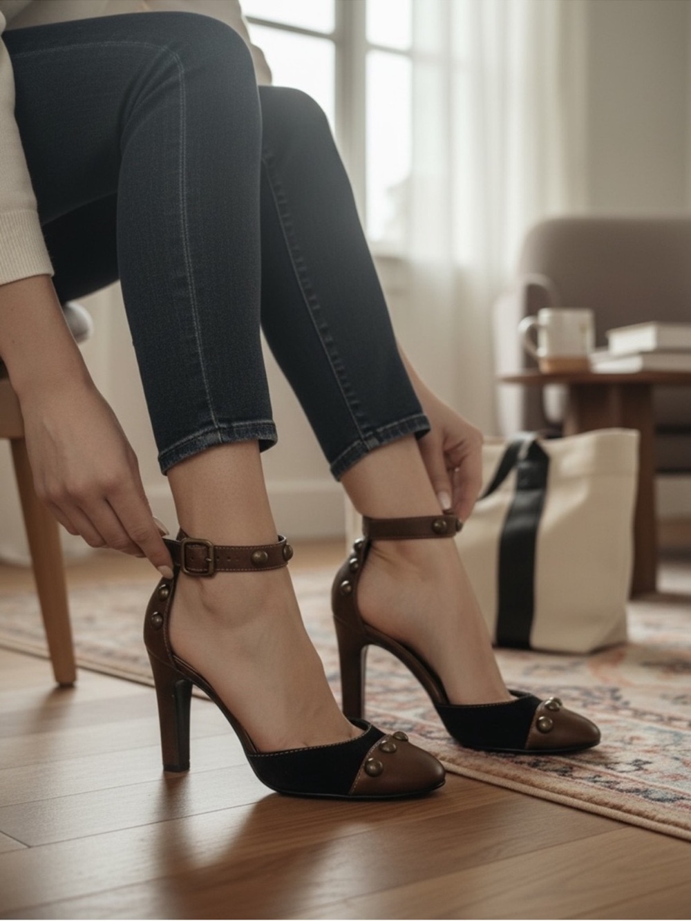 Chloe Black and Brown Studded Ankle-Strap Pumps